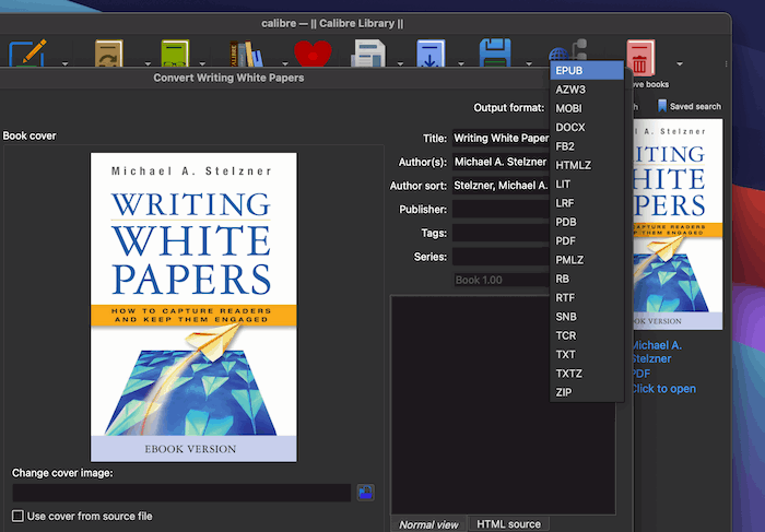 Selecting an output format in Calibre.