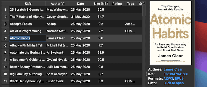 Choosing a book in Calibre.
