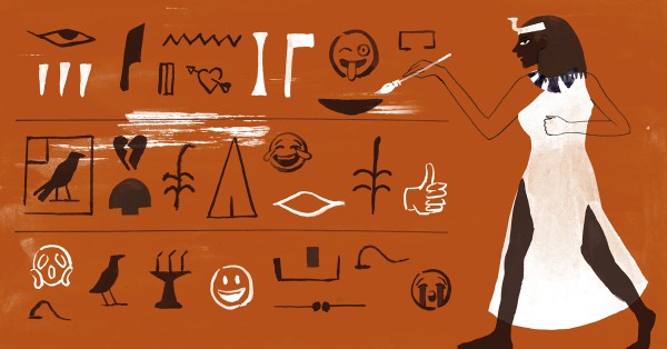 An illustration of hieroglyphics and emoji