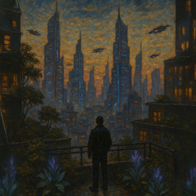 Digital illustration of oil painting showing a skyline generated by ChatGPT.