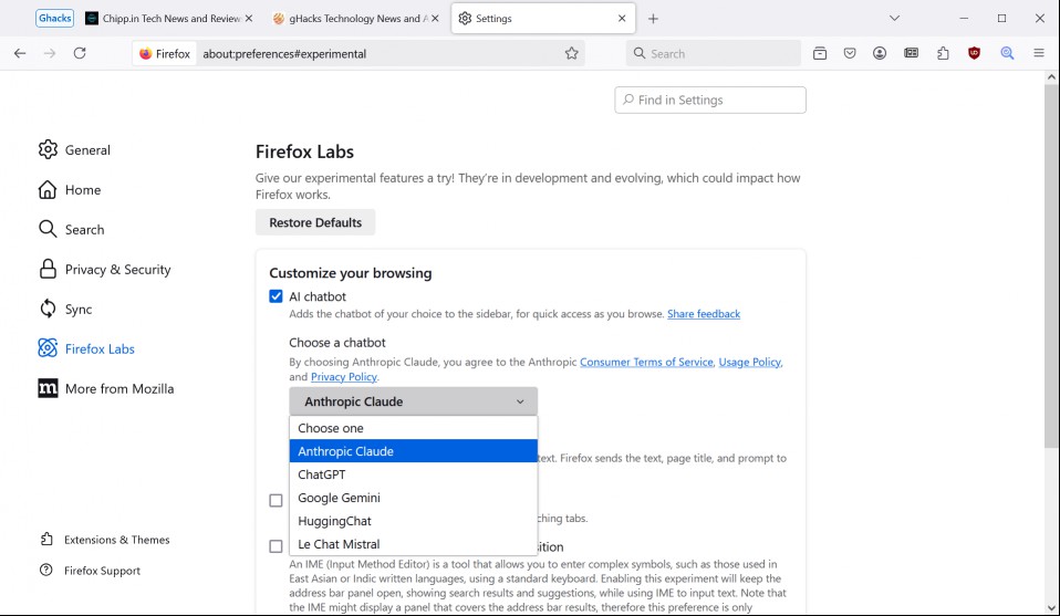 Firefox select AI chatbot in settings