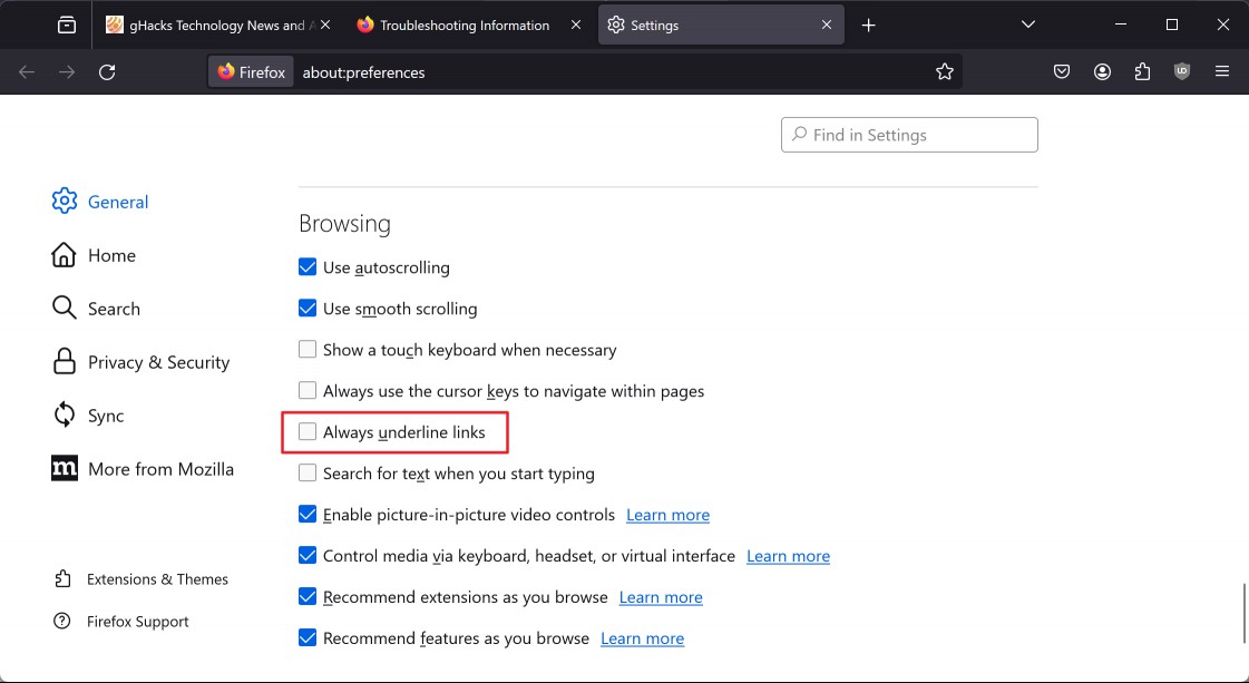 Firefox underline link always