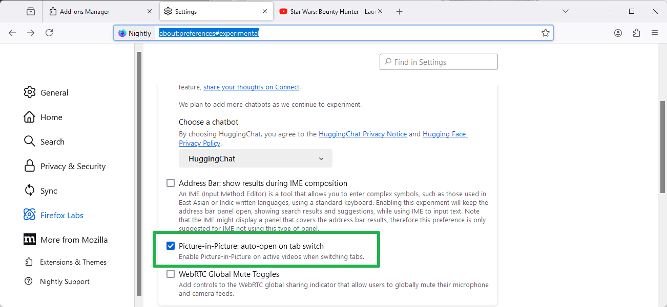 Firefox setting to enable automatic Picture-in-Picture mode