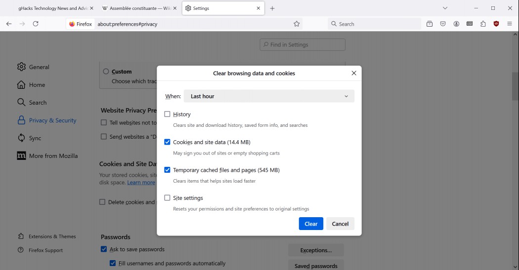 Firefox's new Clear Cookies and Site Data dialog