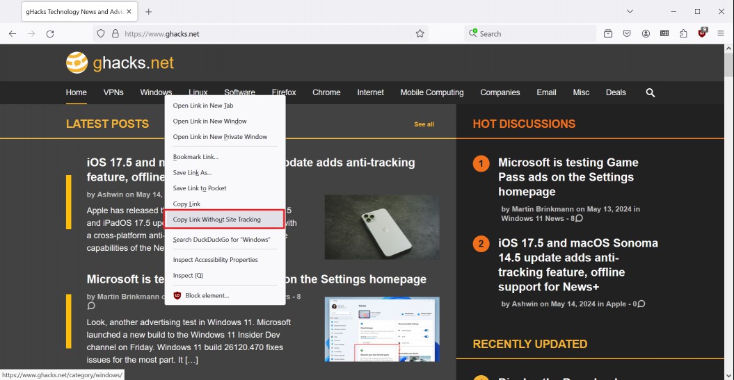Copy without site tracking