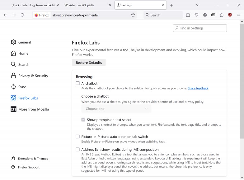 Firefox Labs