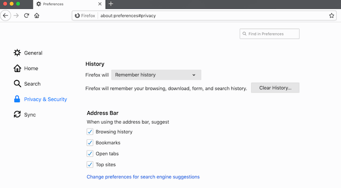 The Mozilla Firefox security and privacy menu.