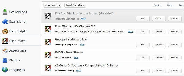 User styles are in the 'User Styles' tab.