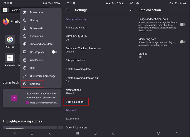 Disable telemetry in Firefox for Android