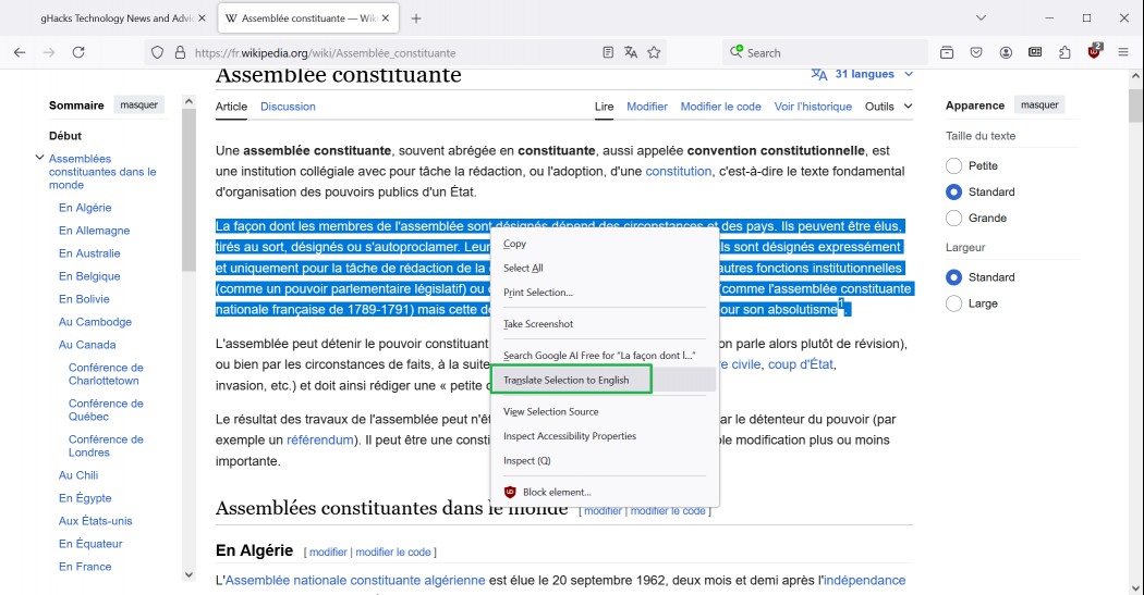 Firefox translate selection