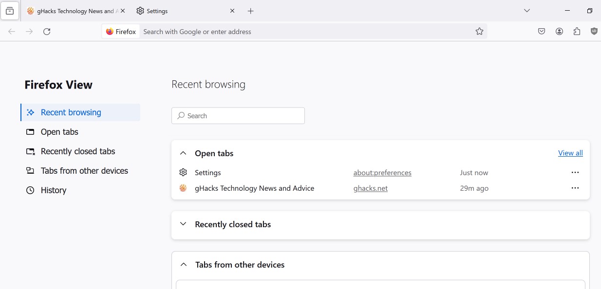 Firefox View Search