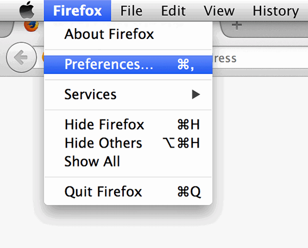 Click on 'Firefox' in the top-left corner followed by 'Preferences....'