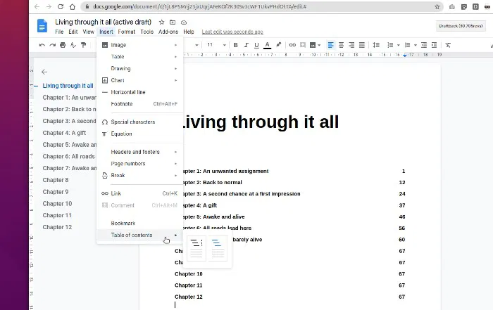Image showing the two options for creating a Table of Contents in Google Docs.