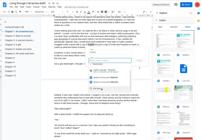 Image showing some of the link options in Google Docs.