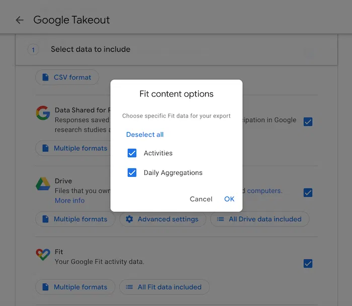 Google Takeout Data Included You may be able to specify the data you want to download from each service.