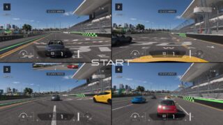 Display of four split screens of GT 7, showing players and their racing screens along with the other cars and their speed and maps. Display of four split screens of GT 7, showing players and their racing screens along with the other cars and their speed and maps.