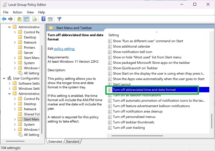 Group Policy Editor: turn off abbreviated date time Windows 11