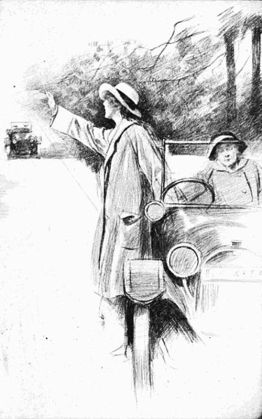 "WINONA STOPPED THE CAR BESIDE THE HEDGE, AND, STANDING UP, WAVED HER HANDKERCHIEF AS A SIGNAL OF DISTRESS" "WINONA STOPPED THE CAR BESIDE THE HEDGE, AND, STANDING UP, WAVED HER HANDKERCHIEF AS A SIGNAL OF DISTRESS"