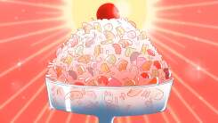 An illustration of an ambrosia salad placed against a setting sun