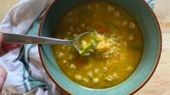 Soup made with Trader Joe's Turkey Sausage Stuffing Fried Rice and chicken broth