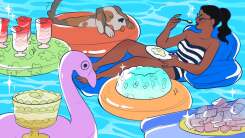 Illustration of a woman sitting on a float in a pool eating, surrounded by animal-shaped floats holding desserts like jello and parfaits