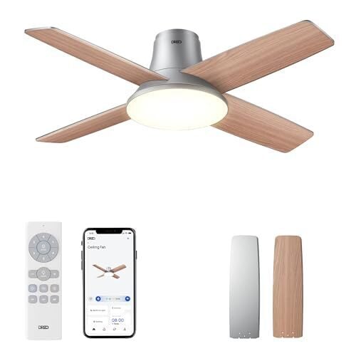 Dreo Smart Ceiling Fans with Lights and Remote, 12 Speeds & 3 Fan Modes, Quiet DC Motor, Easy to Install, Dimmable LED Ceiling Fans with APP/Alexa Control, 12H Timer for Home, Indoor, Silver, 44''