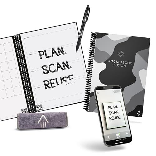 Rocketbook Fusion Reusable Undated Productivity Planner, Executive Size 6x8.8, Camo - Goals, Monthly and Weekly Calendar, Daily To-do List, Lined and Dotted Notes Pages