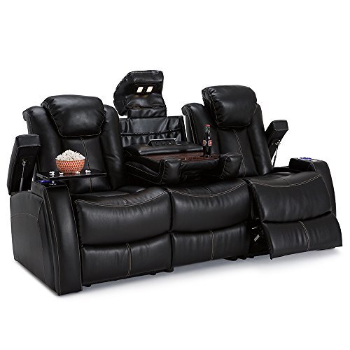 Seatcraft Omega Home Theater Seating - Living Room - Leather Gel - Power Recline - Power Headrests - AC and USB Charging - Lighted Cup Holders - Fold Down Table (Sofa, Black)