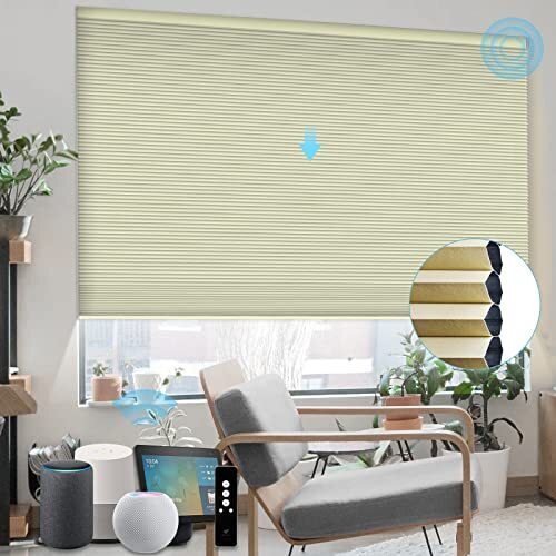 SmartWings Motorized Cellular Shade 100% Blackout Compatible with Homekit Z-Wave Alexa Google, Cordless Single Cell Electric Blinds with Remote Customized Size Smart Blinds for Windows (Cream)