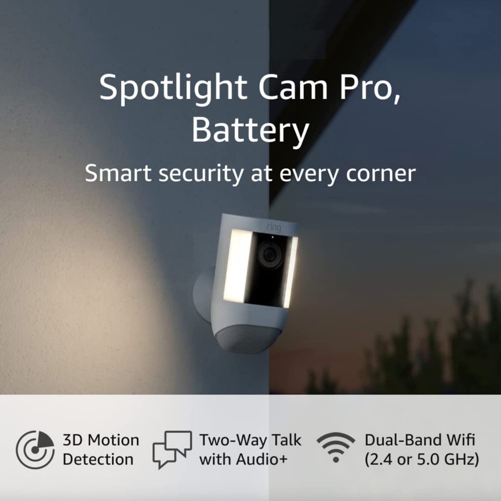 Like-New Ring Spotlight Cam Pro, Battery 3D Motion Detection, Two-Way Talk with Audio+, and Dual-Band Wifi (2022 release) - White White Battery