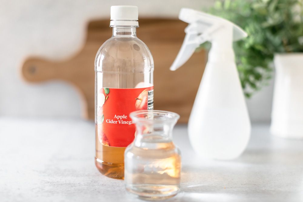 Bottle of apple cider vinegar next to small flask and spray bottle for preventing fleas