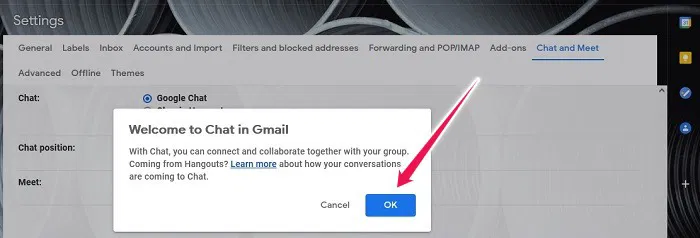 How To Activate Google Chat Gmail Desktop Confirm Choice