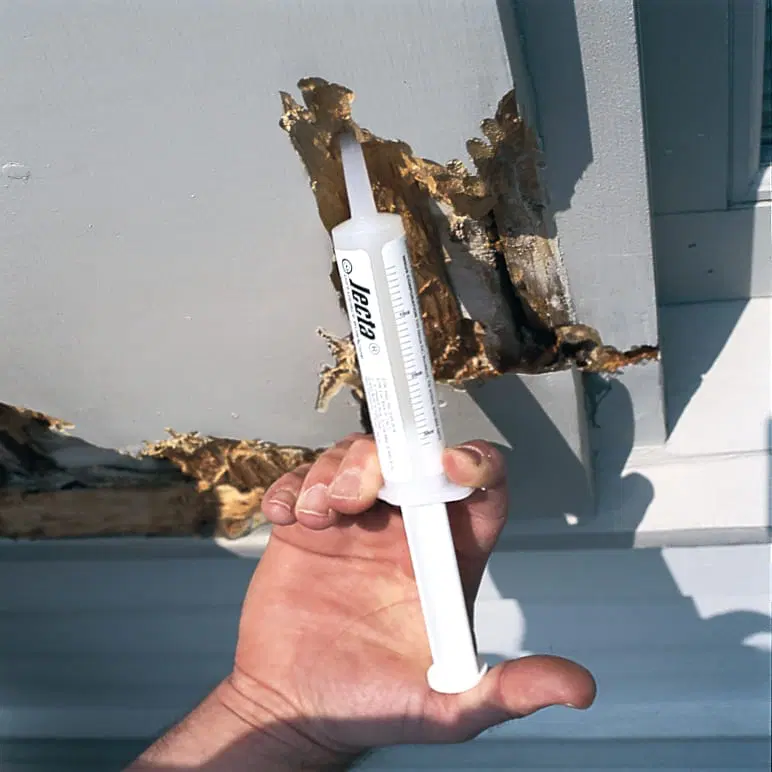 Injecting borate into holes in rotten wood.