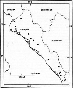 Fig. 1 Fig. 1. Map of Sinaloa on which are plotted symbols representing placenames mentioned in text.