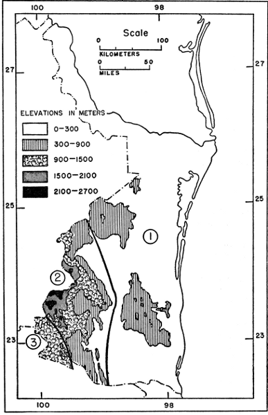 Fig. 1. Three physiographic regions: 1 Coastal Plain; 2 Sierra Madre Oriental; 3 Central Plateau. Fig. 1. Three physiographic regions: 1 Coastal Plain; 2 Sierra Madre Oriental; 3 Central Plateau.