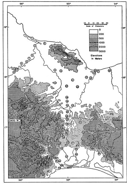 Fig. 1. Map of the Isthmus of Tehuantepec based on the American Geographical Society's Map of Hispanic America on the Scale of 1:1,000,000. The localities shown are numbered in the gazetteer; the numerical sequence of localities is an arrangement whereby north takes precedence over south and west over east. 1. Alvarado. 2. Lerdo de Tejada. 3. Tlacotalpan. 4. Tula. 5. Tecolapan. 6. Amatitlán. 7. Cosamaloapan. 8. Chacaltianguis. 9. Novillero. 10. Ciudad Alemán. 11. Papaloapan. 12. Tuxtepec. 13. Cuatotolapam. 14. Hueyapan. 15. Berta. 16. Coatzacoalcos. 17. Ayentes. 18. Río de las Playas. 19. Cosoleacaque. 20. Minatitlán. 21. Acayucan. 22. Aquilera. 23. San Lorenzo. 24. Naranja. 25. Suchil. 26. Jesús Carranza. 27. La Oaxaqueña. 28. Ubero. 29. Donají. 30. Tolosita. 31. El Modelo. 32. Sarabia, 33. Guichicovi. 34. La Princesa. 35. Santa María Chimalapa. 36. Matías Romero. 37. Santo Domingo Petapa. 38. El Barrio. 39. Palmar. 40. Chivela. 41. Santiago Chivela. 42. Nizanda. 43. Agua Caliente. 44. Portillo Los Nanches. 45. Ixtepec. 46. La Ventosa. 47. Zanatepec. 48. Unión Hidalgo. 49. Tres Cruces. 50. Juchitán. 51. Escurano. 52. Salazar. 53. Santa Efigenia. 54. Tequisistlán. 55. Cerro de Quiengola. 56. San Pablo. 57. Mixtequilla. 58. Tapanatepec. 59. Zarzamora. 60. Limón. 61. Tehuantepec. 62. Bisilana. 63. Santa Lucía. 64. Cerro de Arenal. 65. Cerro de San Pedro. 66. La Concepción. 67. Tenango. 68. San Antonio. 69. Huilotepec. 70. Salina Cruz.