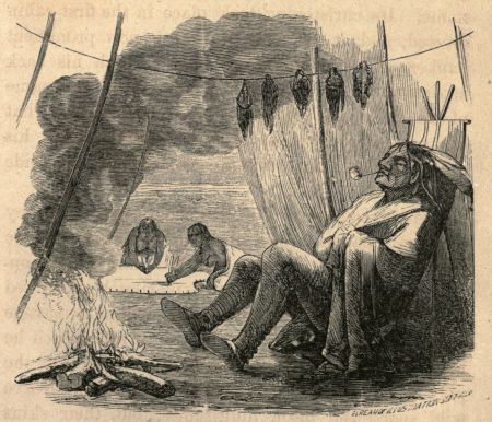 "TOASTS HIS MOCCASINED FEET BY THE FIRE." "TOASTS HIS MOCCASINED FEET BY THE FIRE."