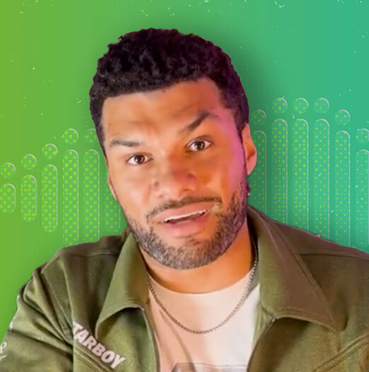 headshot of author in front of a green background