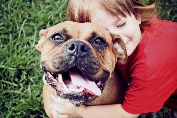 little girl hugging dog in the grass; heartworm disease in dogs