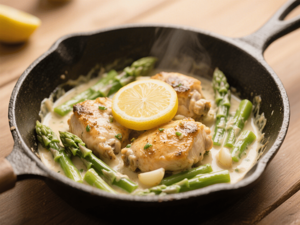One-Pot Creamy Lemon Garlic Chicken with Asparagus