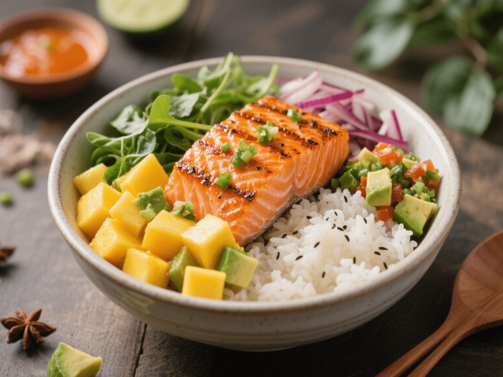 Grilled Salmon Poke Bowl with Mango Avocado Salsa