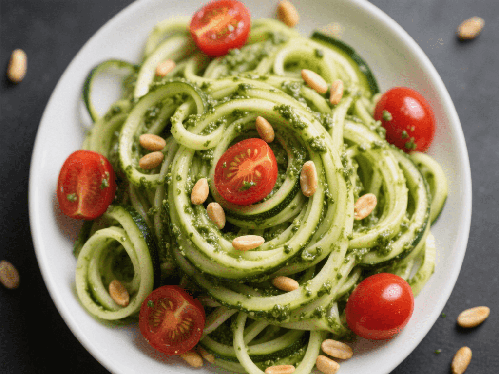 Homemade Pesto Zoodles with Cherry Tomatoes and Pine Nuts