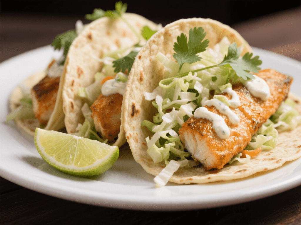 Baked Fish Tacos with Cabbage Slaw and Lime Crema