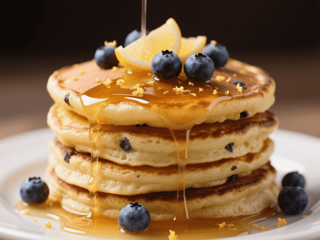 Blueberry Lemon Ricotta Pancakes with Maple Drizzle