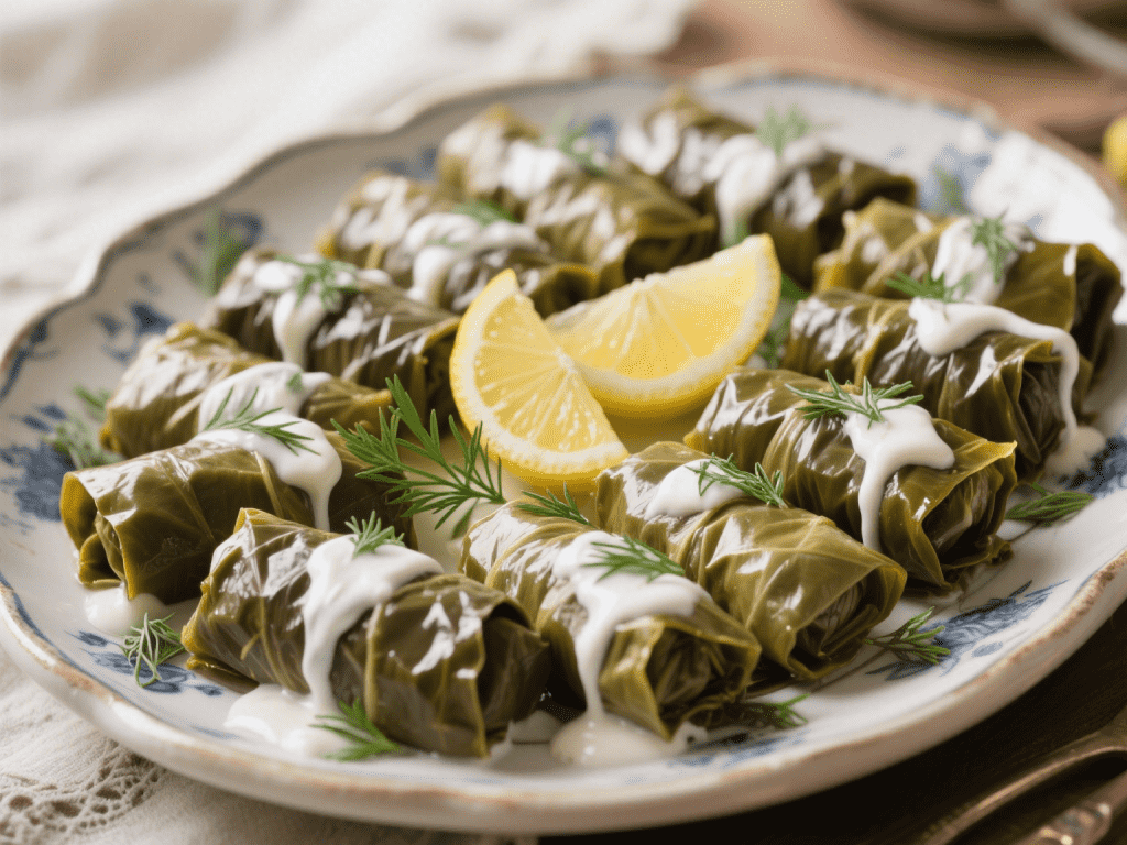 Greek-Style Stuffed Grape Leaves (Dolmades) with Lemon Yogurt Sauce