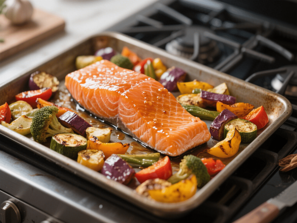 Sheet-Pan Balsamic Glazed Salmon & Roasted Rainbow Vegetables