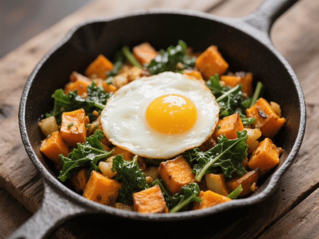 Crispy Kale & Sweet Potato Hash Topped with Poached Egg