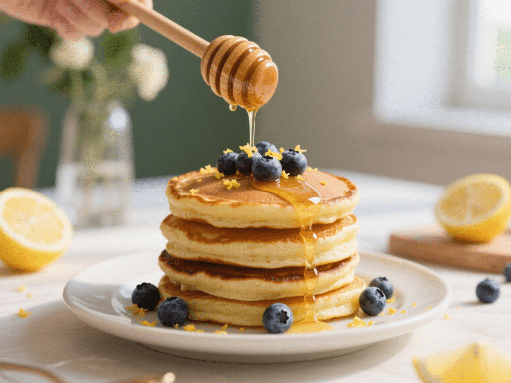 Lemon-Blueberry Ricotta Pancakes with Honey Drizzle