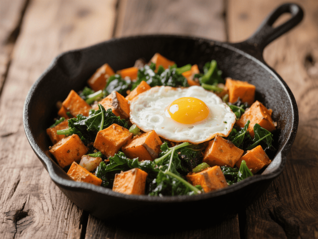 Rustic Sweet Potato & Kale Hash with Poached Eggs