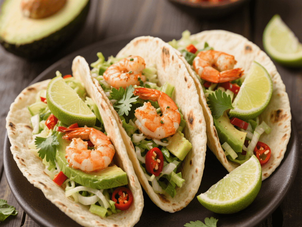 Spicy Shrimp Tacos with Avocado Lime Slaw